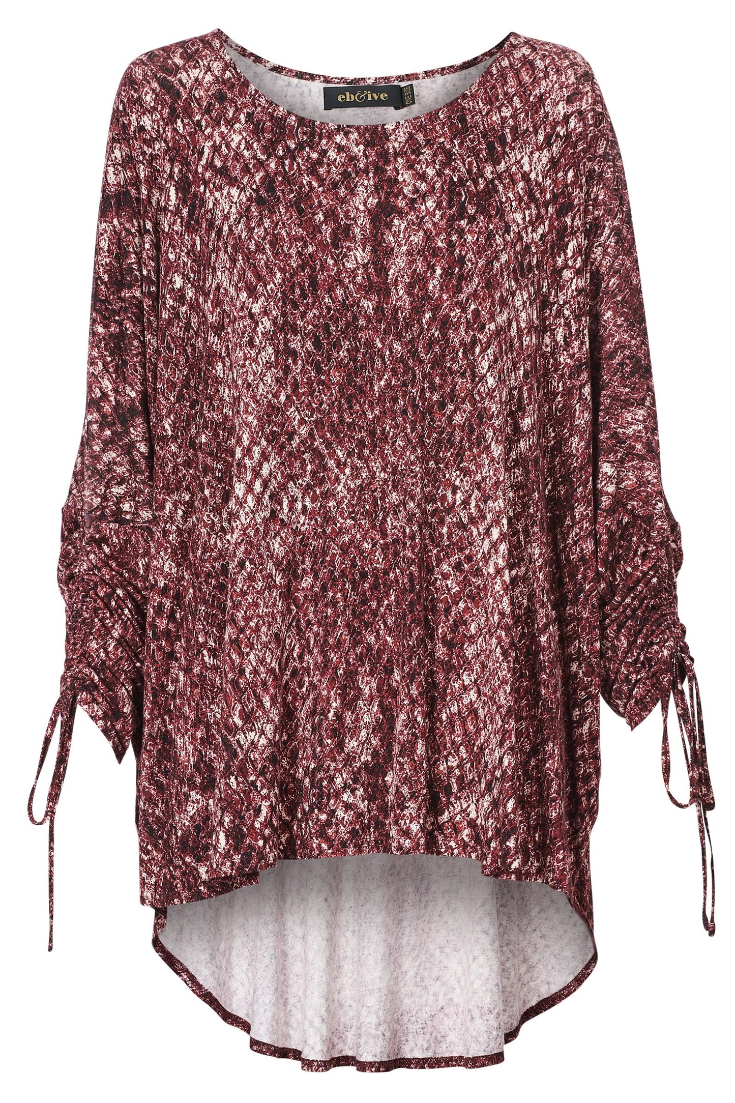El Questro Ruched Top, Boa, Mud, Port, round neck, long scoop at back, ruched sleeve, rayon spandex mix, leopard print, eb&ive, winter 2022, autumn 2022, small business, online, one size