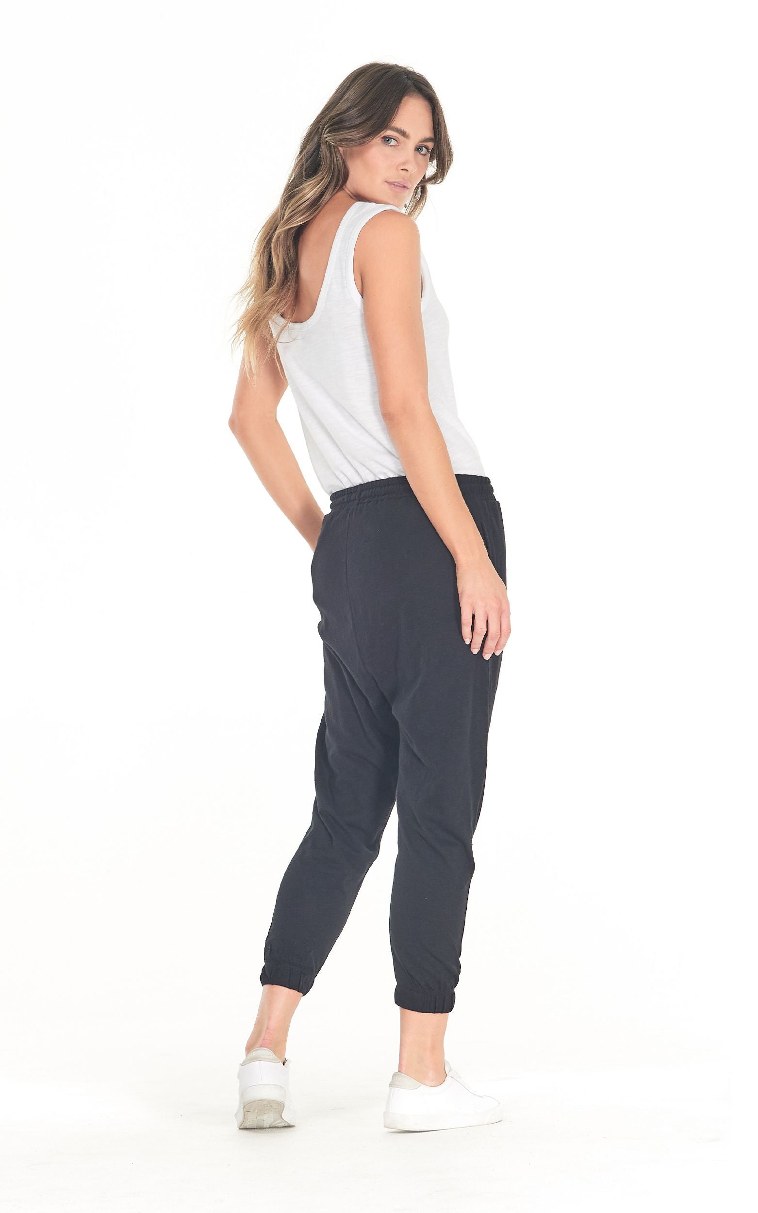aybrey jogger, black, summer, winter, stylish, eb&ive, isle of mine, haven, jogger, denim, smart casual, comfortable, on trend, inclusive sizing, Australian designers, fashion, options, eco friendly options, sustainable clothing, sourced locally, lady start up, small business, support small business, knits, sale, worthier, label of love, Cle the label, Betty Basics, Sass Clothing, Fate & Becker, french terry cotton, ethically manufactured, lounge pants, elasticated waist, cuffed ankle