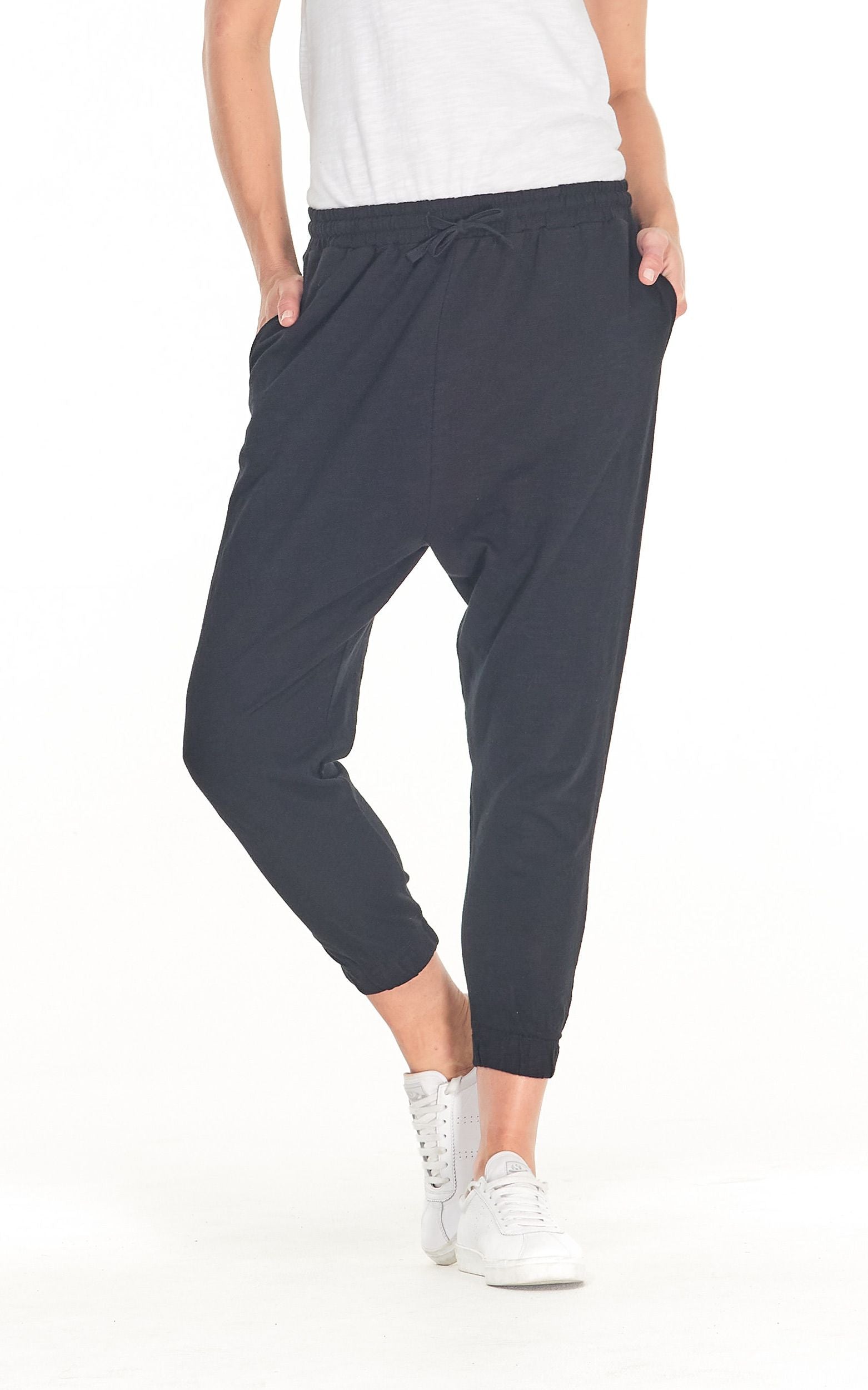 aybrey jogger, black, summer, winter, stylish, eb&ive, isle of mine, haven, jogger, denim, smart casual, comfortable, on trend, inclusive sizing, Australian designers, fashion, options, eco friendly options, sustainable clothing, sourced locally, lady start up, small business, support small business, knits, sale, worthier, label of love, Cle the label, Betty Basics, Sass Clothing, Fate & Becker, french terry cotton, ethically manufactured, lounge pants, elasticated waist, cuffed ankle