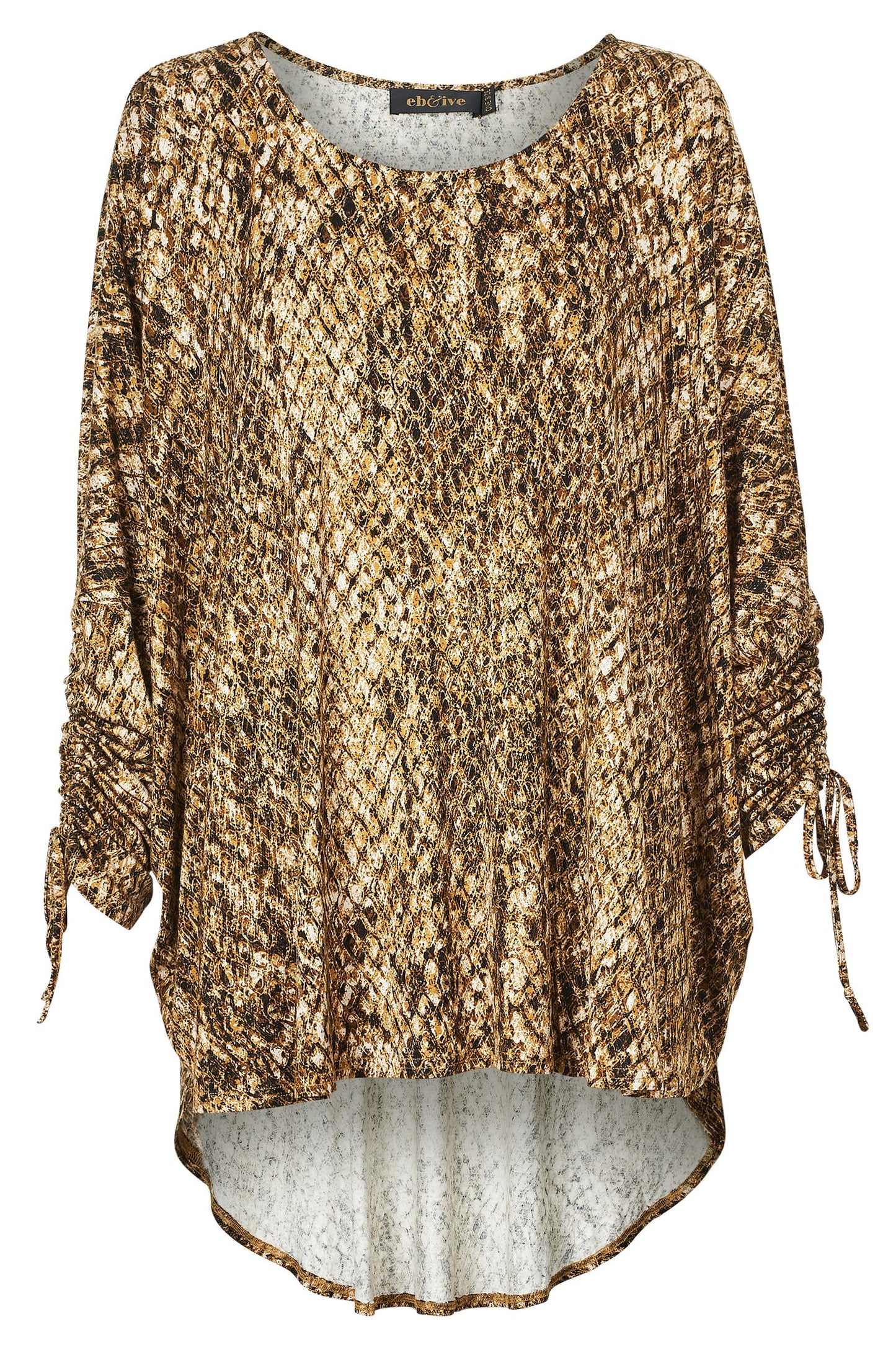 El Questro Ruched Top, Boa, Mud, Port, round neck, long scoop at back, ruched sleeve, rayon spandex mix, leopard print, eb&ive, winter 2022, autumn 2022, small business, online, one size