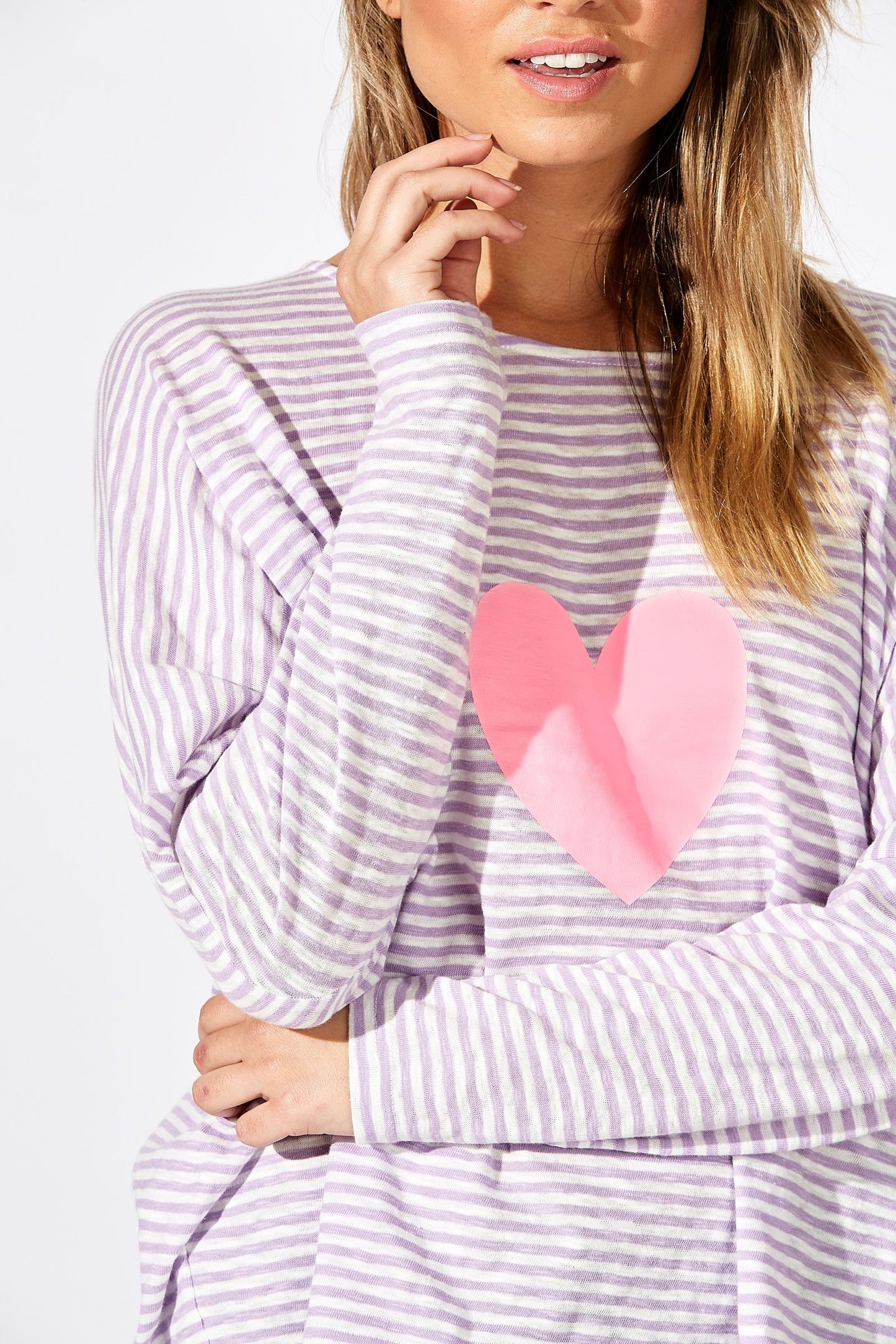 Sail Away Top, heart motif, Bamboo, Lilac, Lollipop, Malibu, linen/cotton blend, scoop hem, round neck, longer back, summer, winter, stylish, eb&ive, isle of mine, haven, jogger, denim, smart casual, comfortable, on trend, inclusive sizing, Australian designers, fashion, options, eco friendly options, sustainable clothing, sourced locally, lady start up, small business, support small business, knits, sale, ethically manufactured