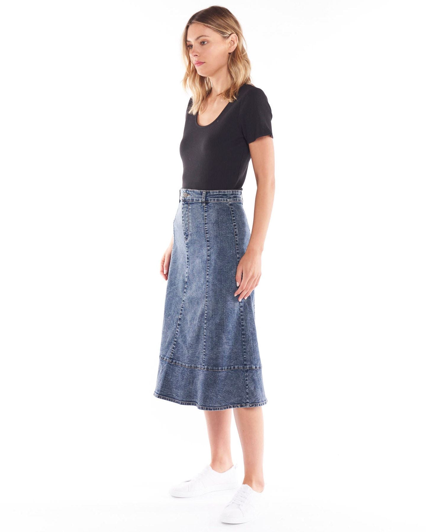 Sass clothing, Nova skirt, denim, double denim, thin waistband, belt loops, vertical panels, horizontal band around the bottom, smart casual, hot pick, must have, wardrobe staple, calf length, support small business, online, winter 2022, autumn 2022