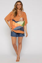 Load image into Gallery viewer, Libra Rising T-Shirt, salt, sapphire, rust, earthy tones, motif, drop shoulder, deep v-neck, linen/rayon blend, summer, winter, stylish, eb&amp;ive, isle of mine, haven, jogger, denim, smart casual, comfortable, on trend, inclusive sizing, Australian designers, fashion, options, eco friendly options, sustainable clothing, sourced locally, lady start up, small business, support small business, knits, sale, ethically manufactured
