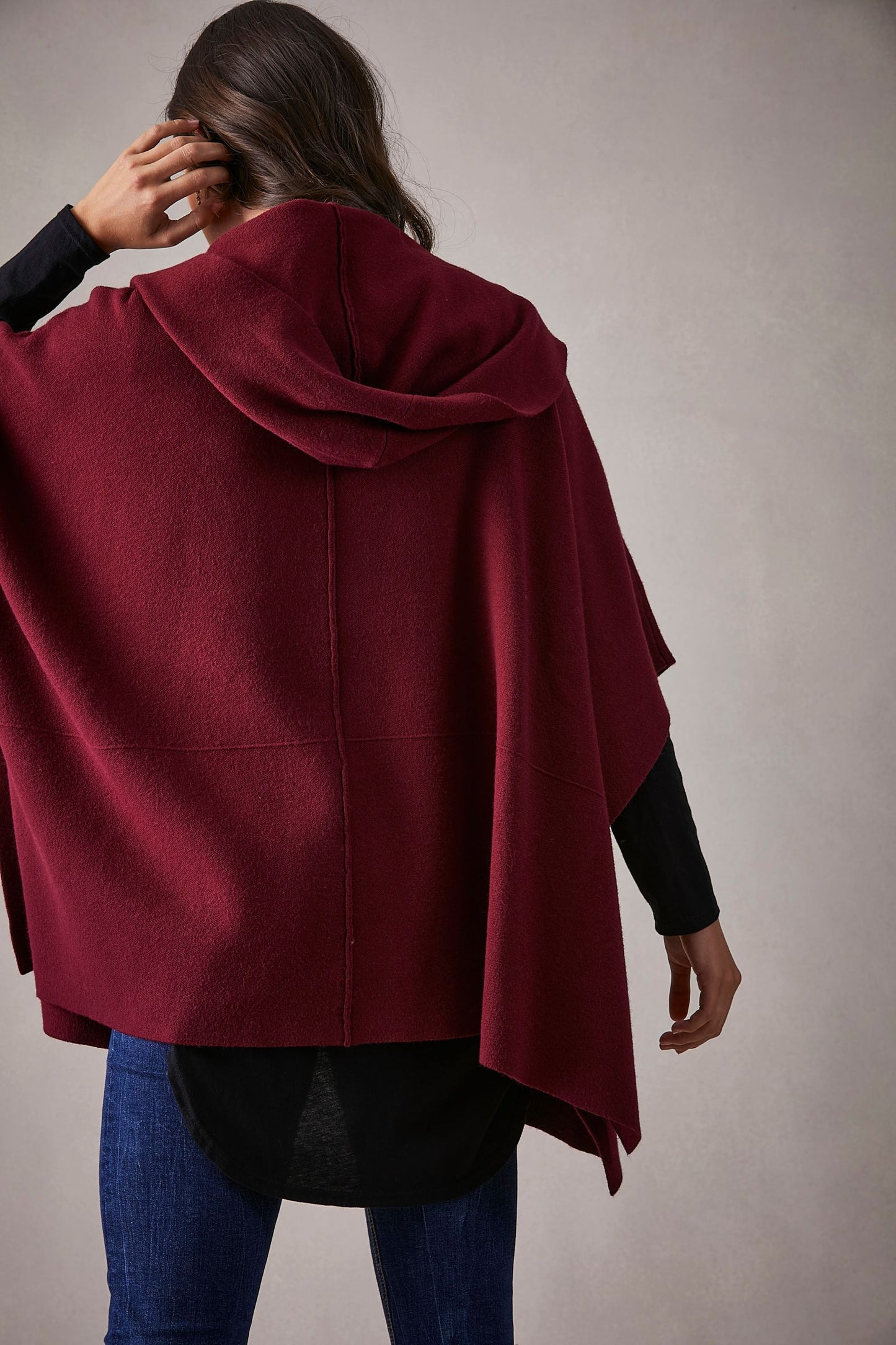 Gunyah Cape, eb&ive, marle, dijon, mulberry, truffle, winter 2022, autumn 2022, warm small business, online, hood, seam detail, button closure, 2 functional pockets