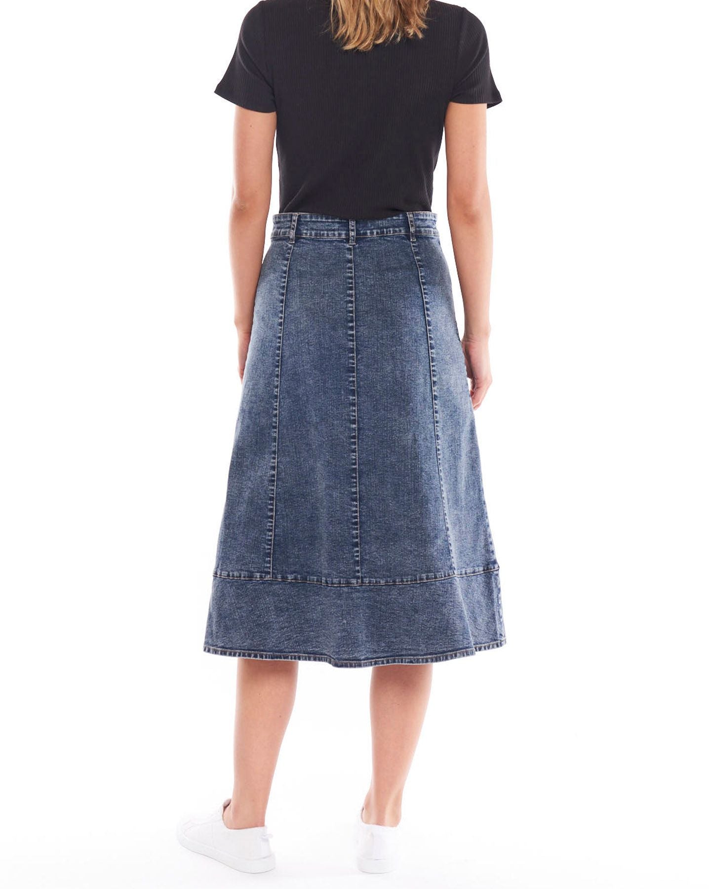 Sass clothing, Nova skirt, denim, double denim, thin waistband, belt loops, vertical panels, horizontal band around the bottom, smart casual, hot pick, must have, wardrobe staple, calf length, support small business, online, winter 2022, autumn 2022