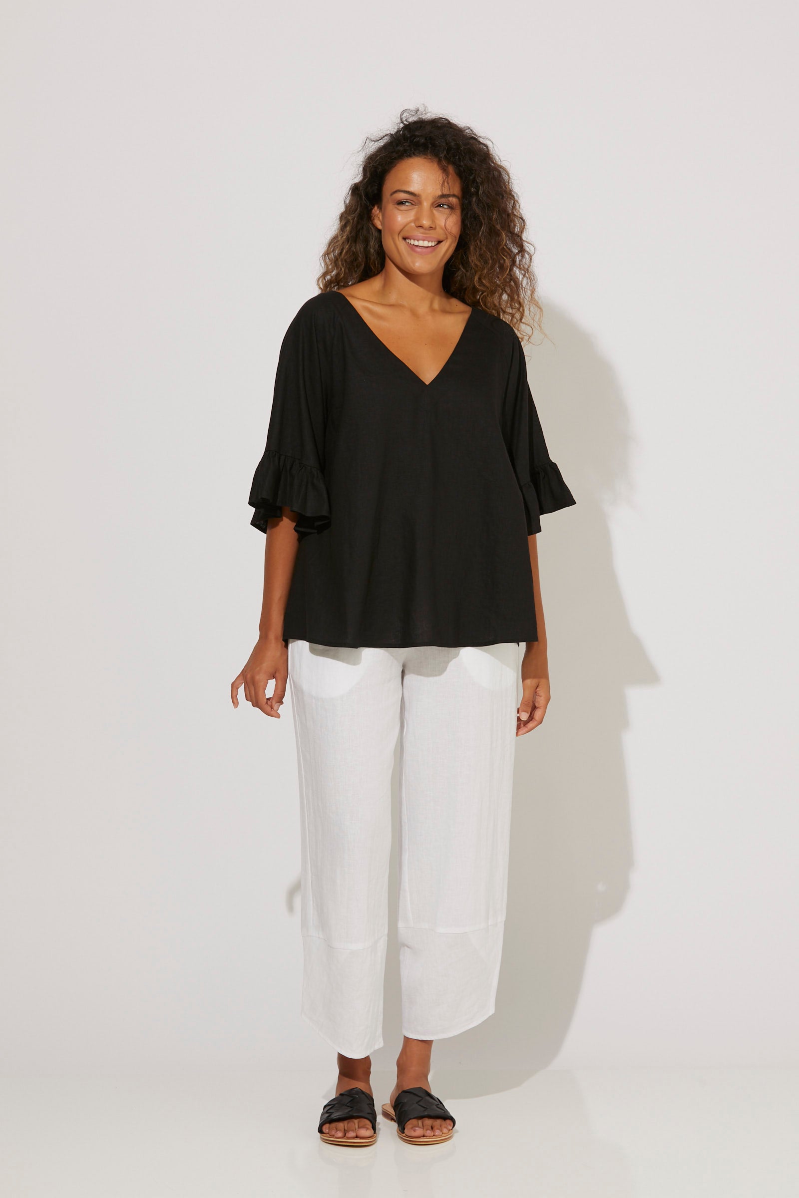 Nevis Relaxed Top, black, melon, canvas, salt, one size, v-neck, frilled sleeve, linen blend, summer, winter, stylish, eb&ive, isle of mine, haven, jogger, denim, smart casual, comfortable, on trend, inclusive sizing, Australian designers, fashion, options, eco friendly options, sustainable clothing, sourced locally, lady start up, small business, support small business, knits, sale, ethically manufactured
