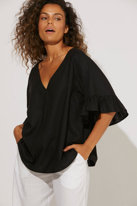 Nevis Relaxed Top, black, melon, canvas, salt, one size, v-neck, frilled sleeve, linen blend, summer, winter, stylish, eb&ive, isle of mine, haven, jogger, denim, smart casual, comfortable, on trend, inclusive sizing, Australian designers, fashion, options, eco friendly options, sustainable clothing, sourced locally, lady start up, small business, support small business, knits, sale, ethically manufactured