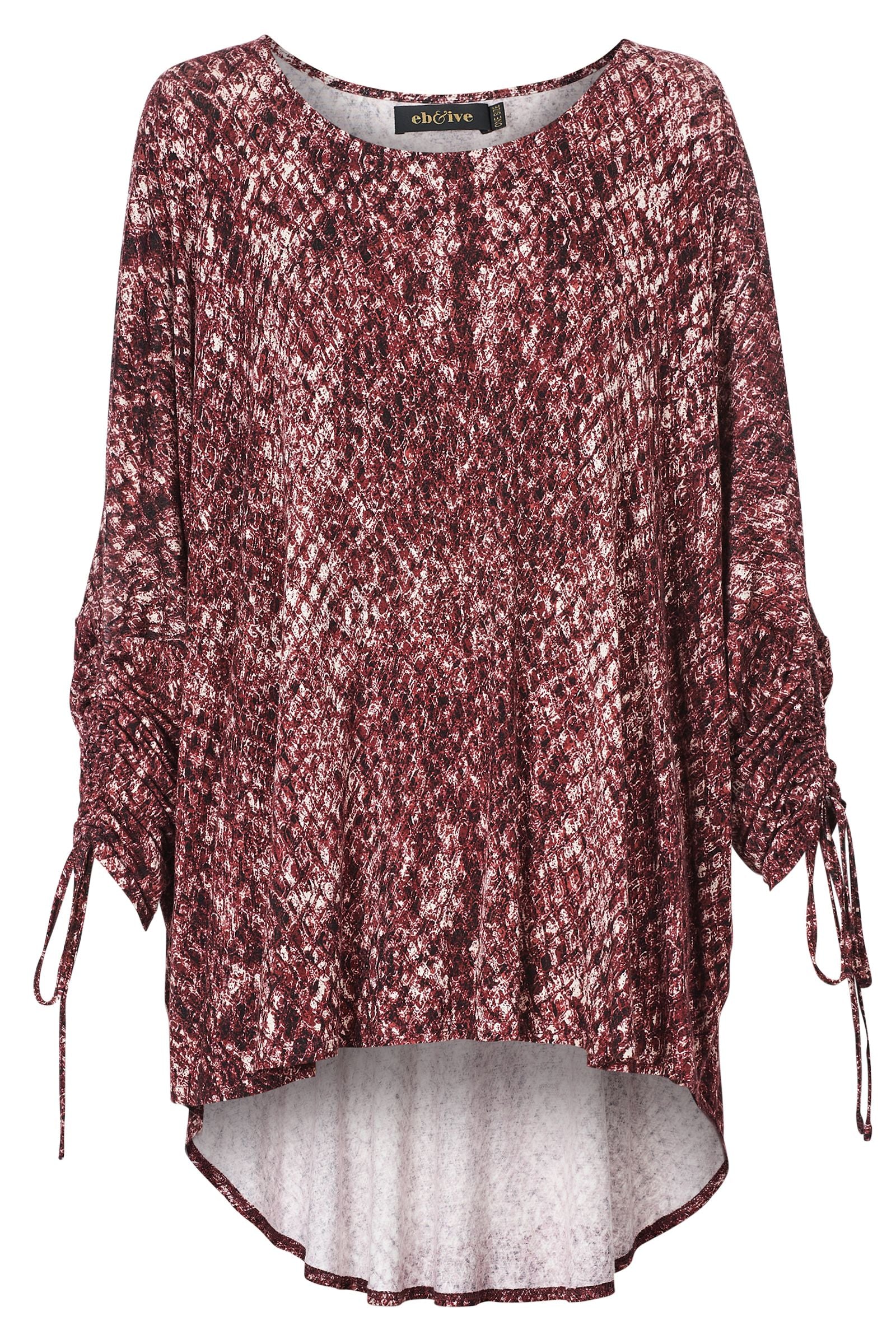 El Questro Ruched Top, Boa, Mud, Port, round neck, long scoop at back, ruched sleeve,  rayon spandex mix, leopard print, eb&ive, winter 2022, autumn 2022, small business, online, one size