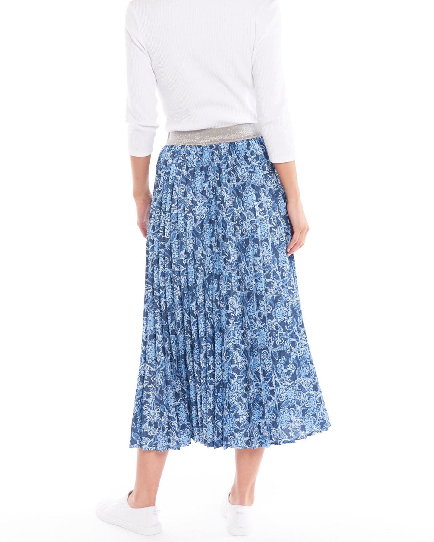 Tilli Skirt Indi Flower, relaxed pleat design, contrast elastic waistband, midi length, autumn 2022, winter 2022, viscose blend, a-line, small business, online, sass clothing, betty basics