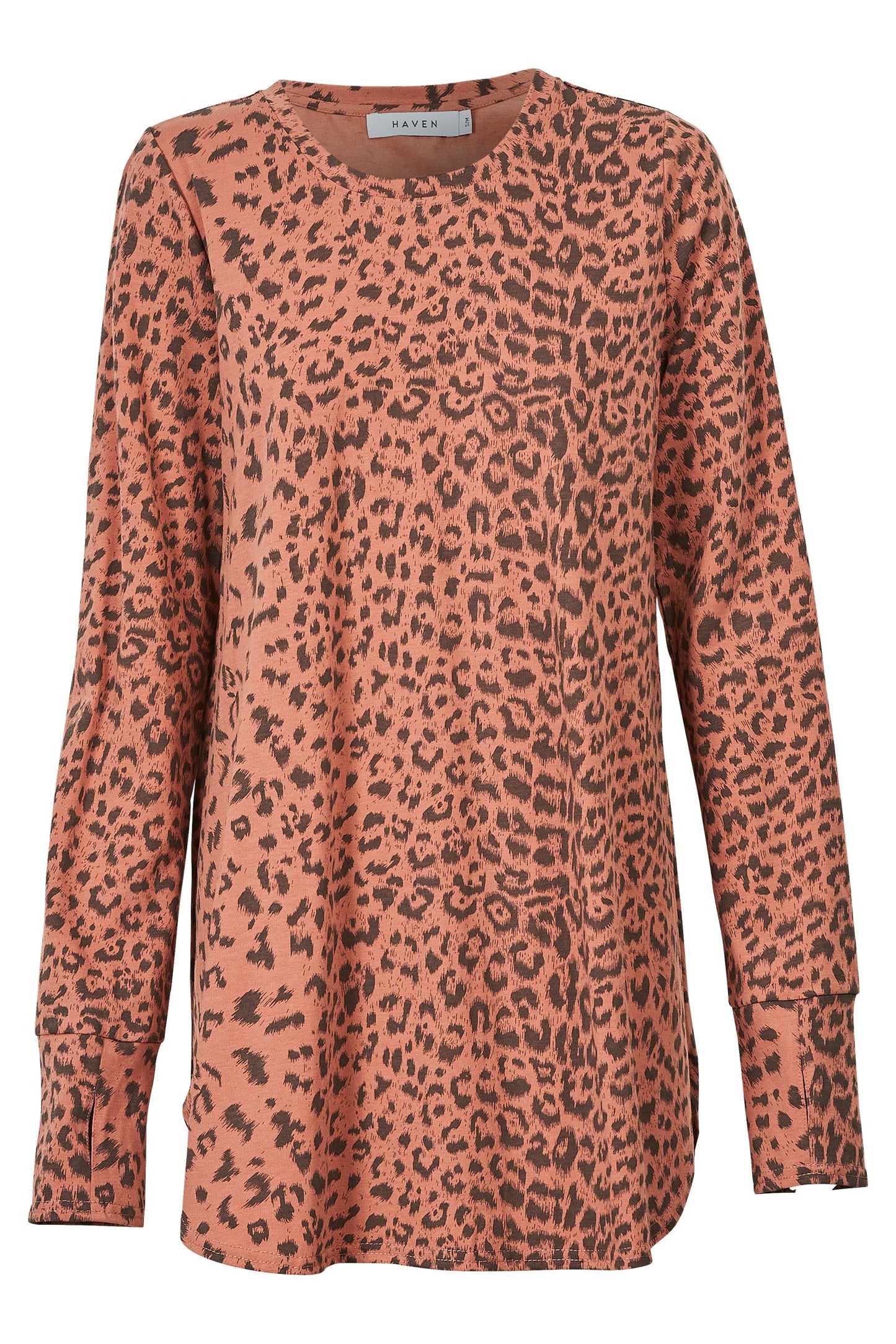 Zambia tshirt, Haven, long sleeve tee, navajo, fern, clay, raven, thumb hole, round neck, scoop front and back, side splits, leopard print, winter 2022, autumn 2022, smart casual, on trend, small business, online