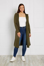Load image into Gallery viewer, Calli Cardi Khaki, hoodie, smart casual, throw it on, versatile, knee length, edgy, khaki and black, long sleeve, wardrobe essential, must have, top pick, support small business, online
