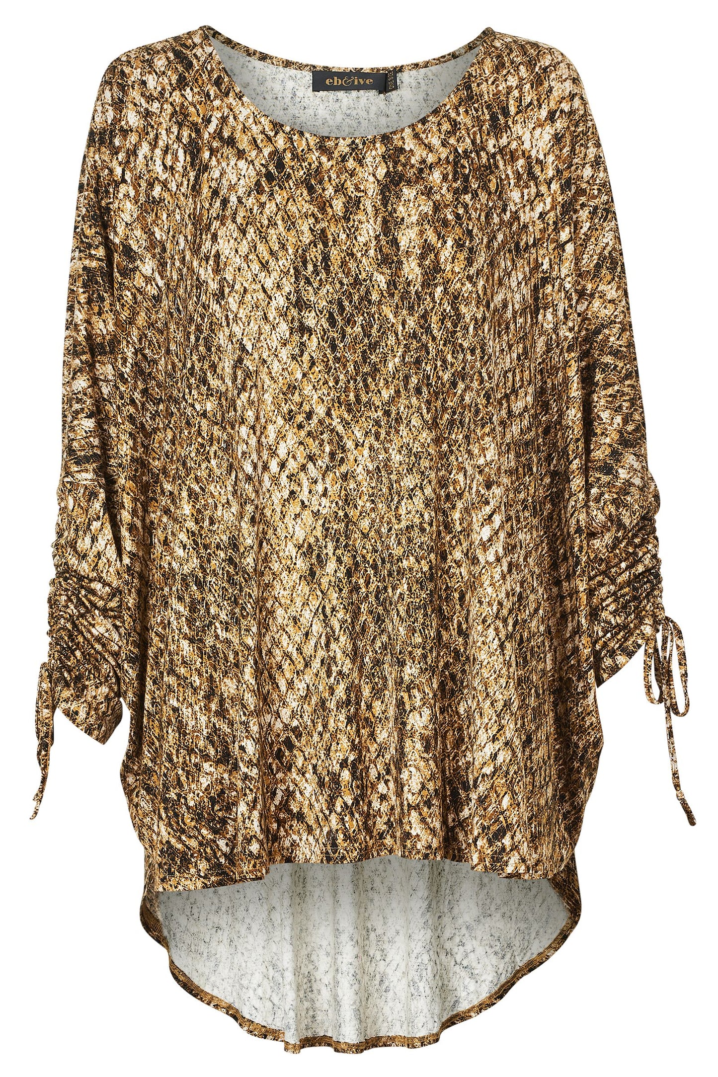 El Questro Ruched Top, Boa, Mud, Port, round neck, long scoop at back, ruched sleeve,  rayon spandex mix, leopard print, eb&ive, winter 2022, autumn 2022, small business, online, one size