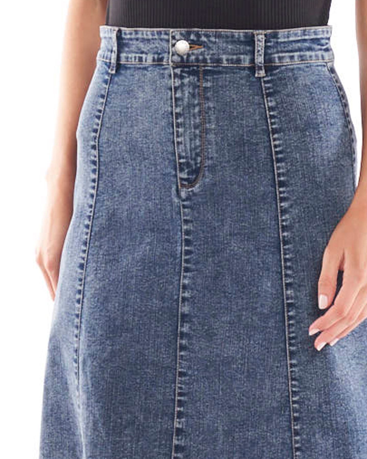 Sass clothing, Nova skirt, denim, double denim, thin waistband, belt loops, vertical panels, horizontal band around the bottom, smart casual, hot pick, must have, wardrobe staple, calf length, support small business, online, winter 2022, autumn 2022