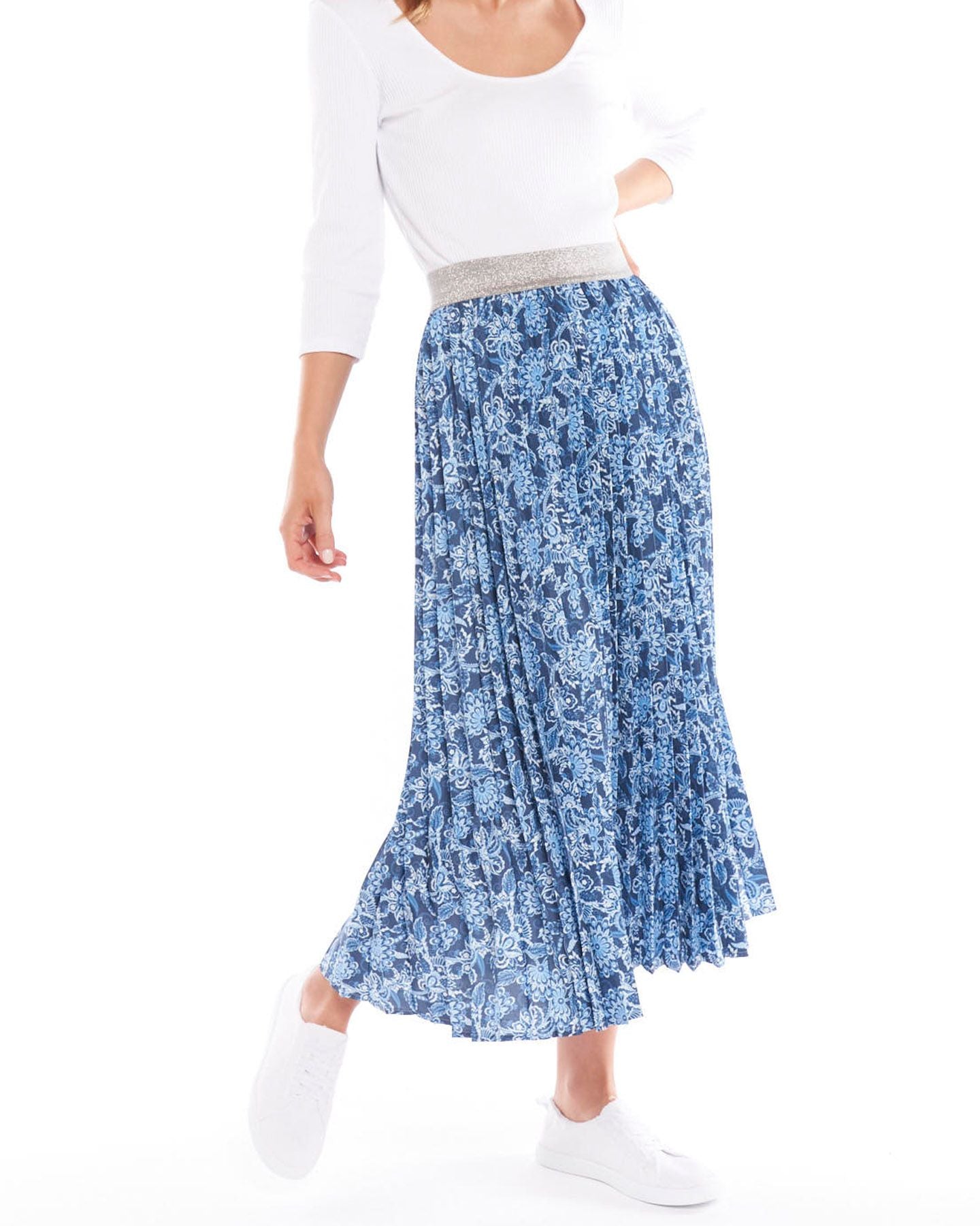 Tilli Skirt Indi Flower, relaxed pleat design, contrast elastic waistband, midi length, autumn 2022, winter 2022, viscose blend, a-line, small business, online, sass clothing, betty basics