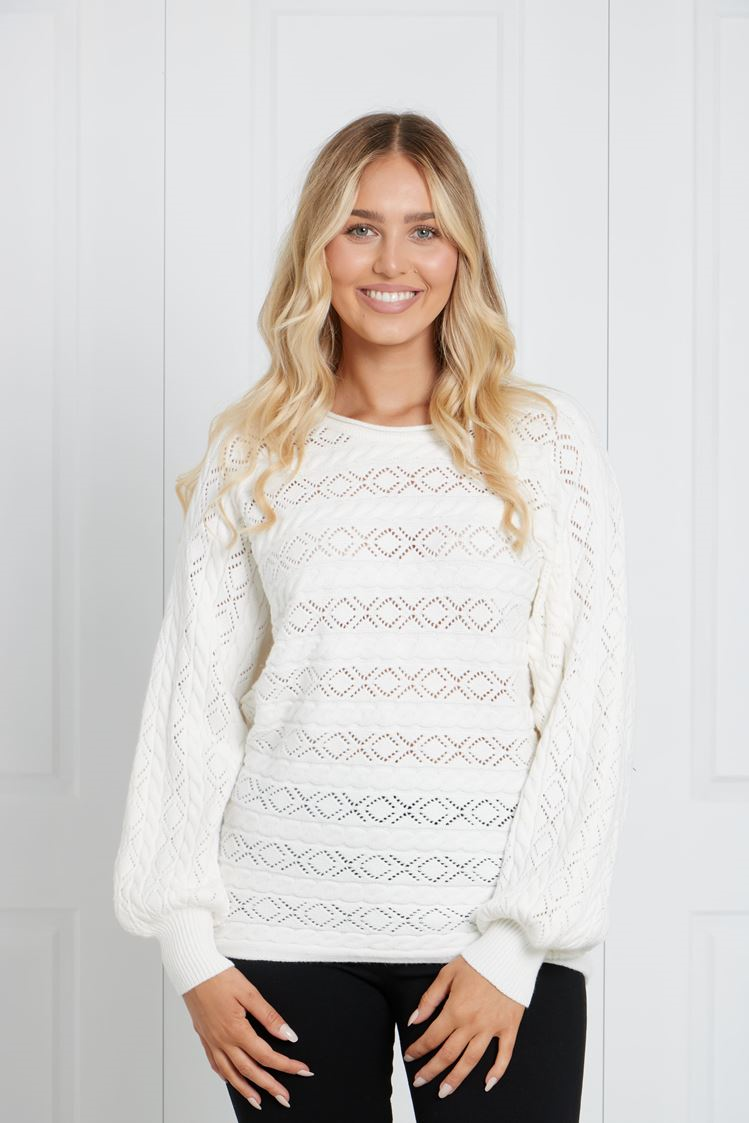 Caroline Morgan, light weight knit, Autumn 2022, Winter 2022, knits, white knit, wardrobe staple, top pick, bell sleeve, fancy stitch, smart casual, versatile, Bonnie Knit, support small business, online, must have piece