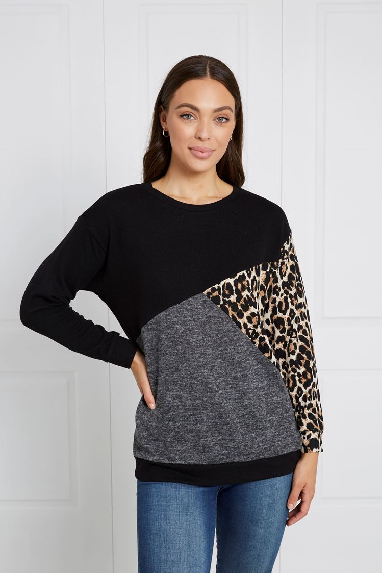 Caroline Morgan, light weight knit, Autumn 2022, Winter 2022, knits, leopard print knit, camel leopard print, black grey splice, wardrobe staple, top pick, edgy, smart casual, versatile, Escape Knit, support small business, online, must have piece