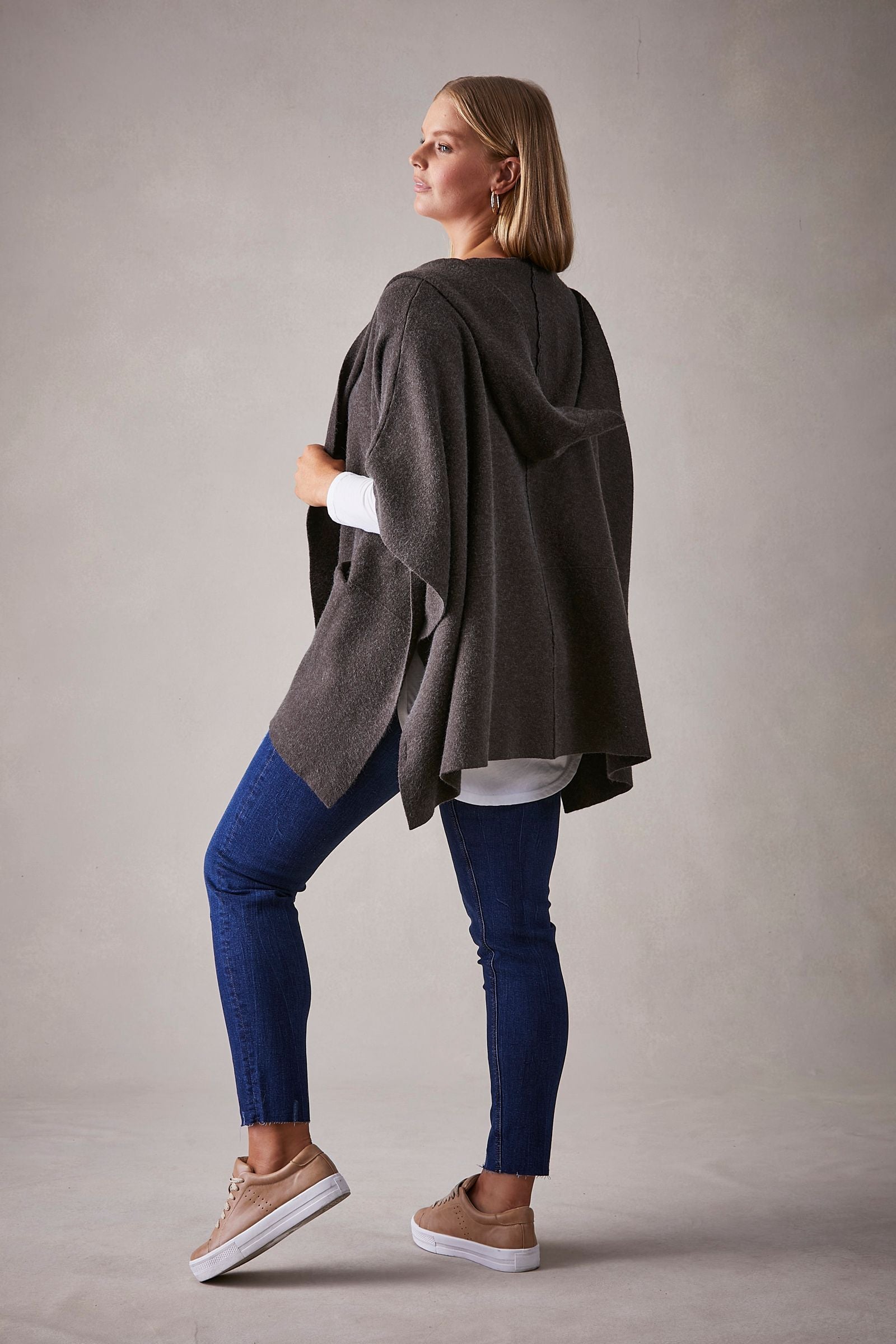 Gunyah Cape, eb&ive, marle, dijon, mulberry, truffle, winter 2022, autumn 2022, warm small business, online, hood, seam detail, button closure, 2 functional pockets