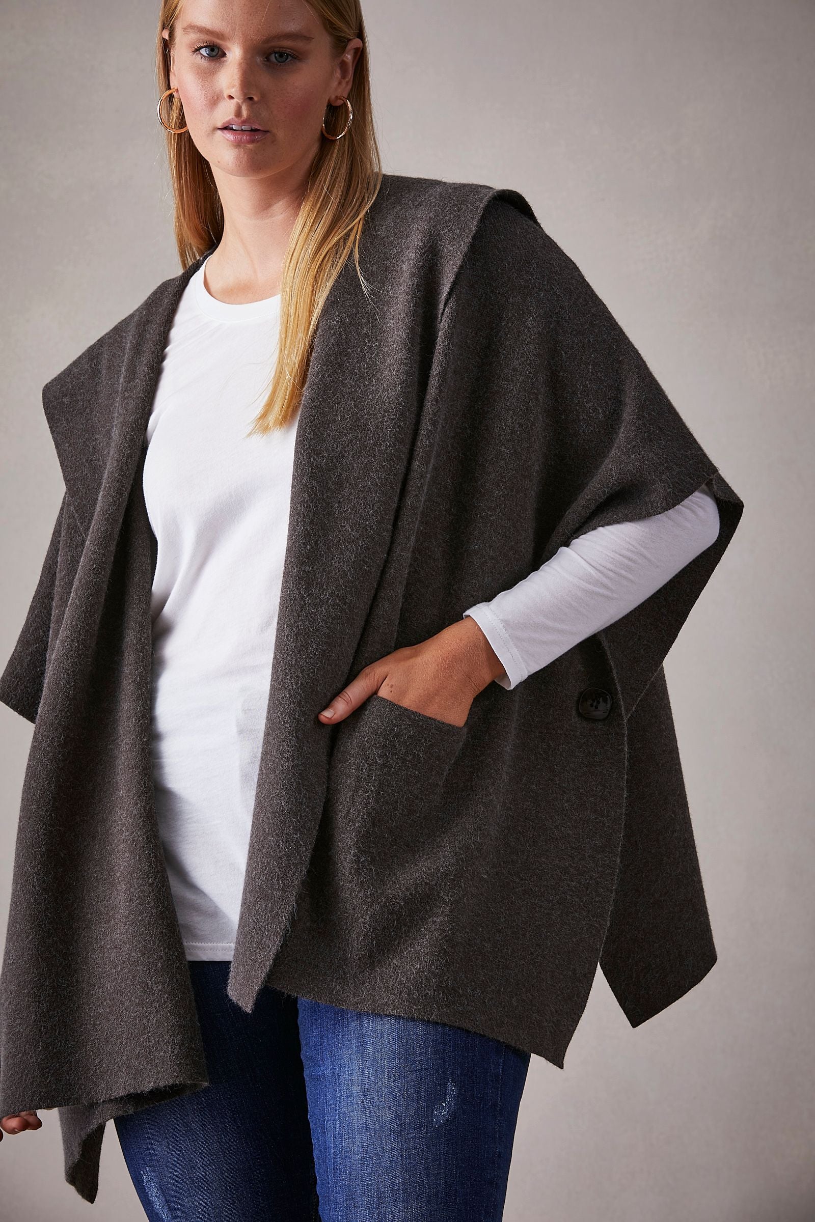 Gunyah Cape, eb&ive, marle, dijon, mulberry, truffle, winter 2022, autumn 2022, warm small business, online, hood, seam detail, button closure, 2 functional pockets