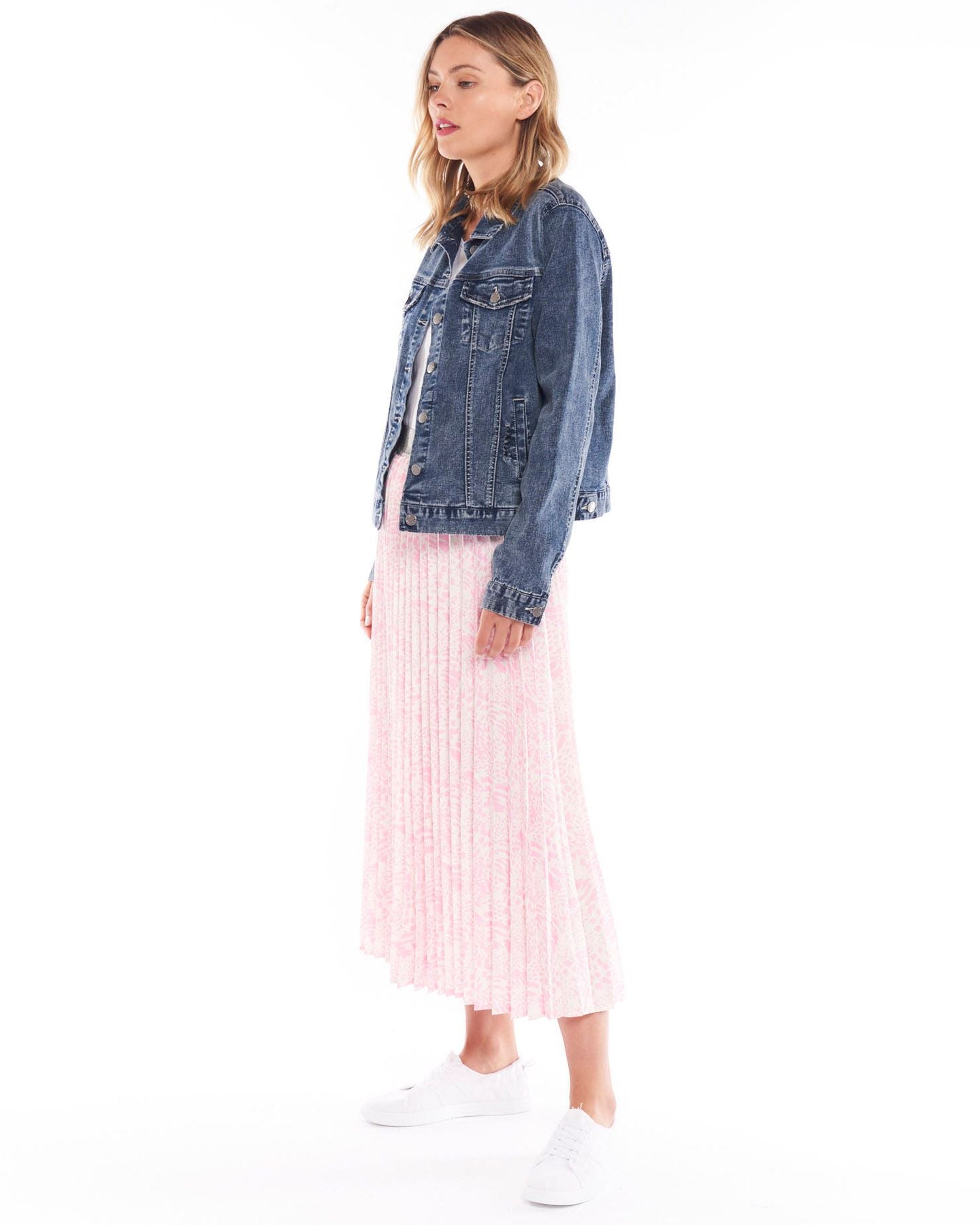 Tilli Skirt Indi Flower, relaxed pleat design, contrast elastic waistband, midi length, autumn 2022, winter 2022, viscose blend, a-line, small business, online, sass clothing, betty basics