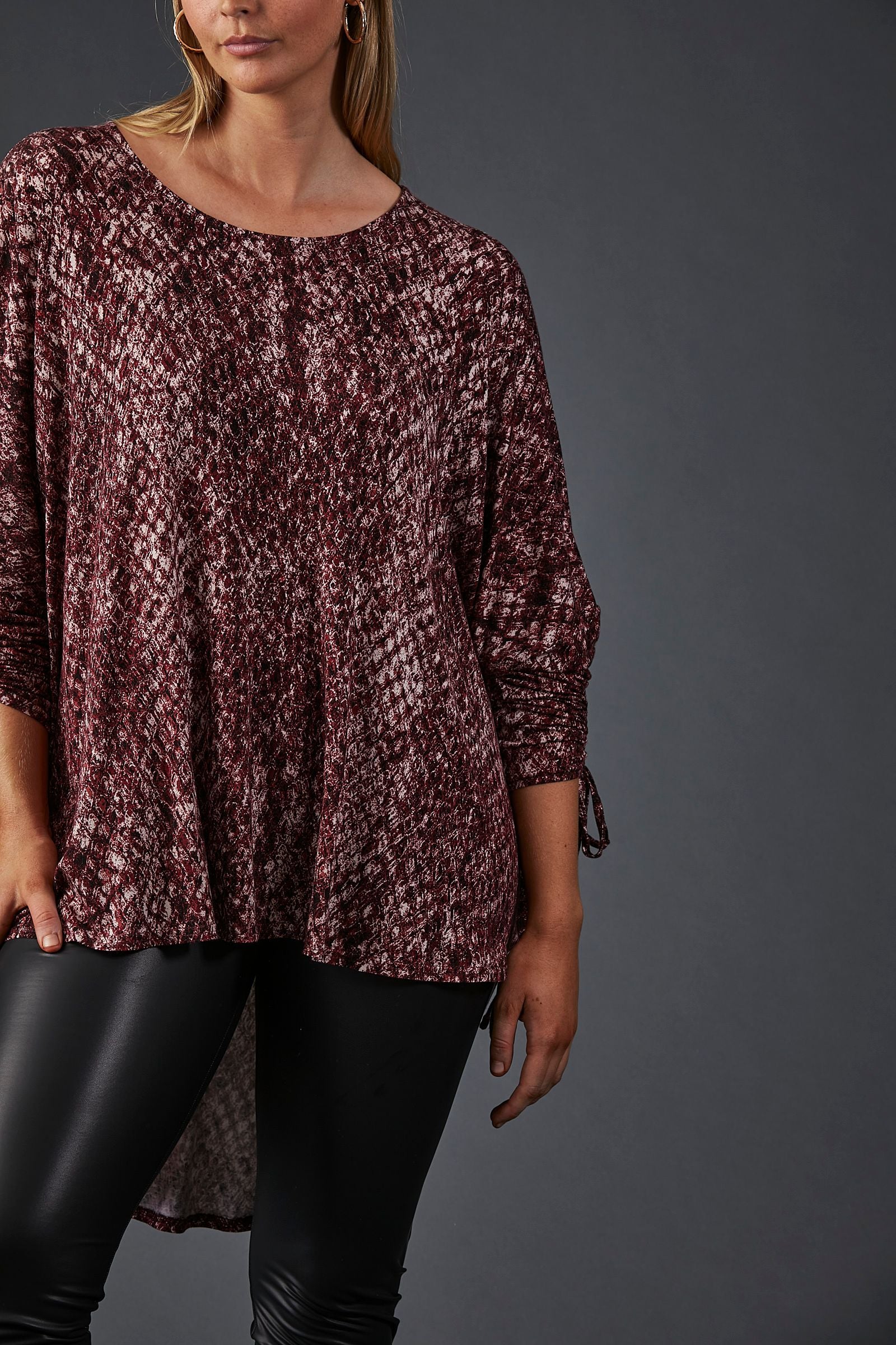 El Questro Ruched Top, Boa, Mud, Port, round neck, long scoop at back, ruched sleeve,  rayon spandex mix, leopard print, eb&ive, winter 2022, autumn 2022, small business, online, one size