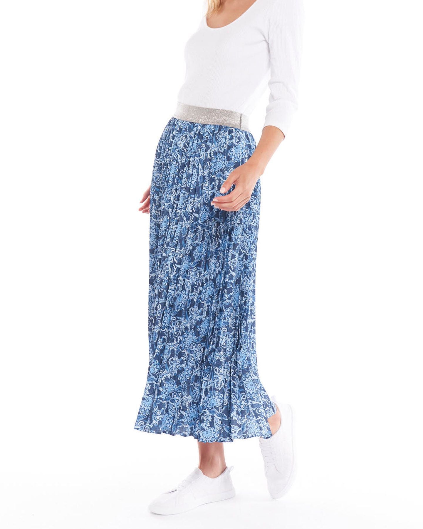 Tilli Skirt Indi Flower, relaxed pleat design, contrast elastic waistband, midi length, autumn 2022, winter 2022, viscose blend, a-line, small business, online, sass clothing, betty basics