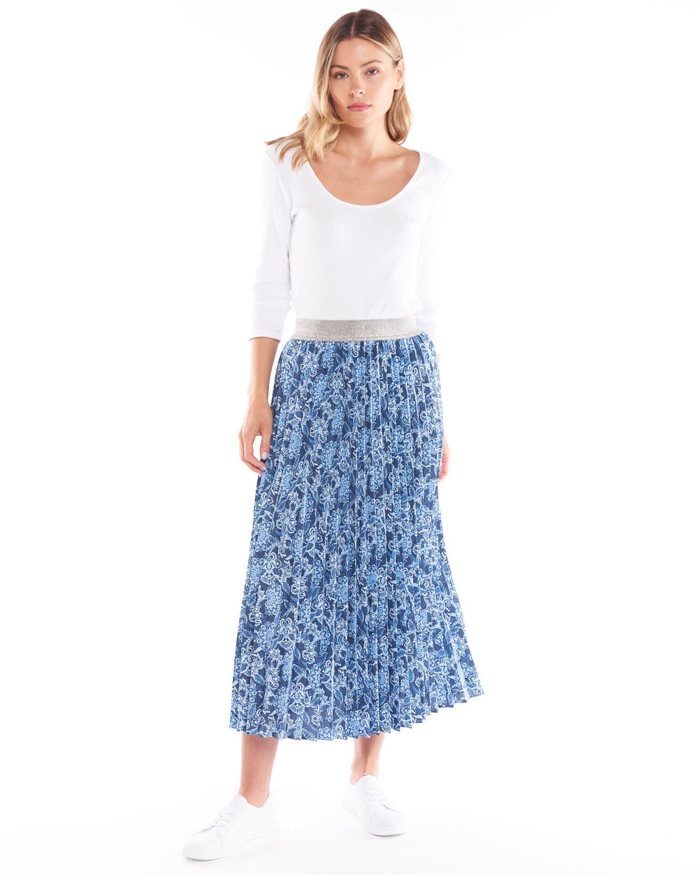 Tilli Skirt Indi Flower, relaxed pleat design, contrast elastic waistband, midi length, autumn 2022, winter 2022, viscose blend, a-line, small business, online, sass clothing, betty basics