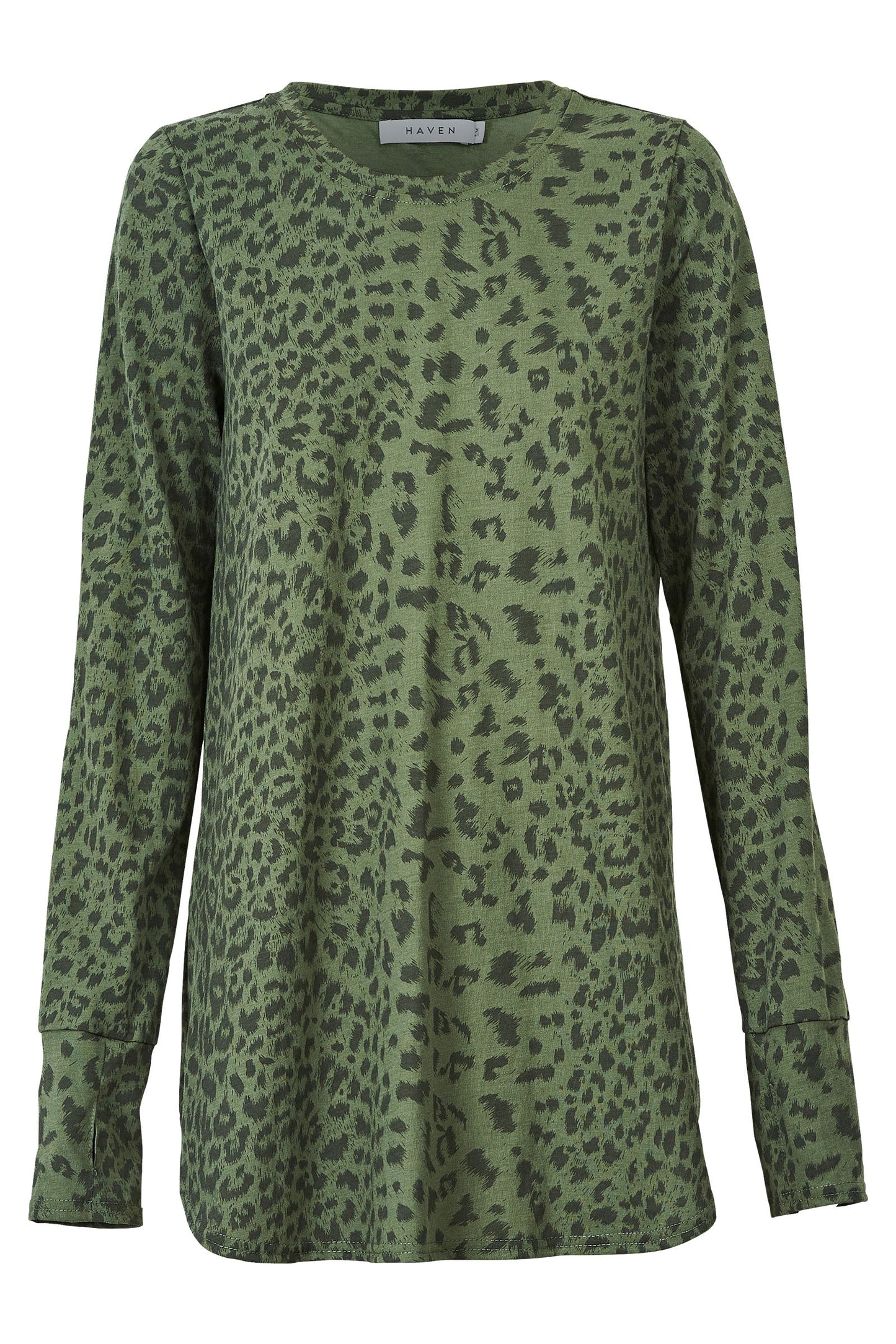 Zambia tshirt, Haven, long sleeve tee, navajo, fern, clay, raven, thumb hole, round neck, scoop front and back, side splits, leopard print, winter 2022, autumn 2022, smart casual, on trend, small business, online