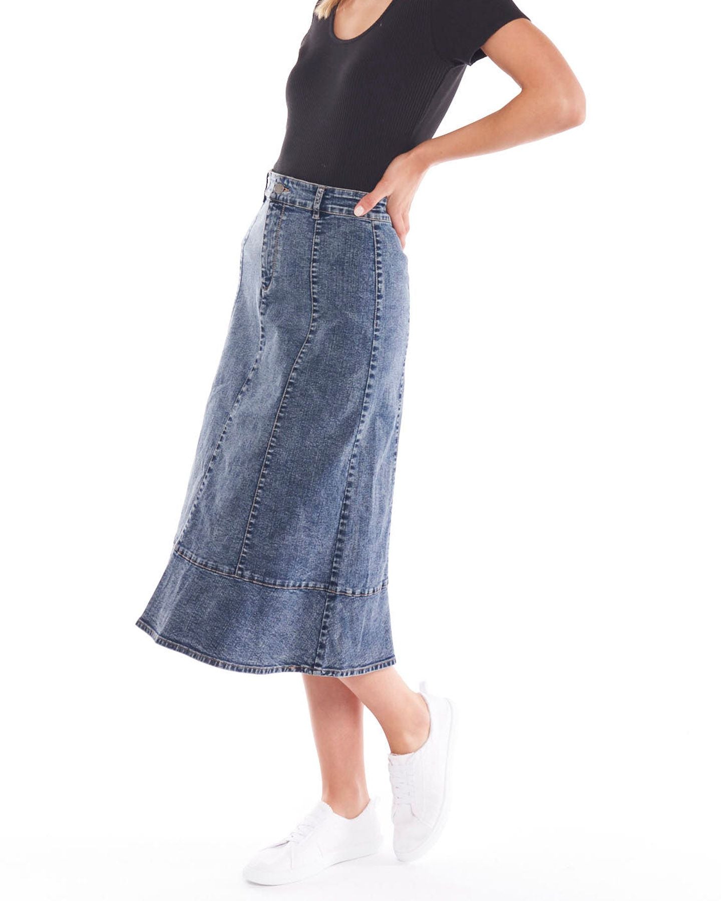 Sass clothing, Nova skirt, denim, double denim, thin waistband, belt loops, vertical panels, horizontal band around the bottom, smart casual, hot pick, must have, wardrobe staple, calf length, support small business, online, winter 2022, autumn 2022