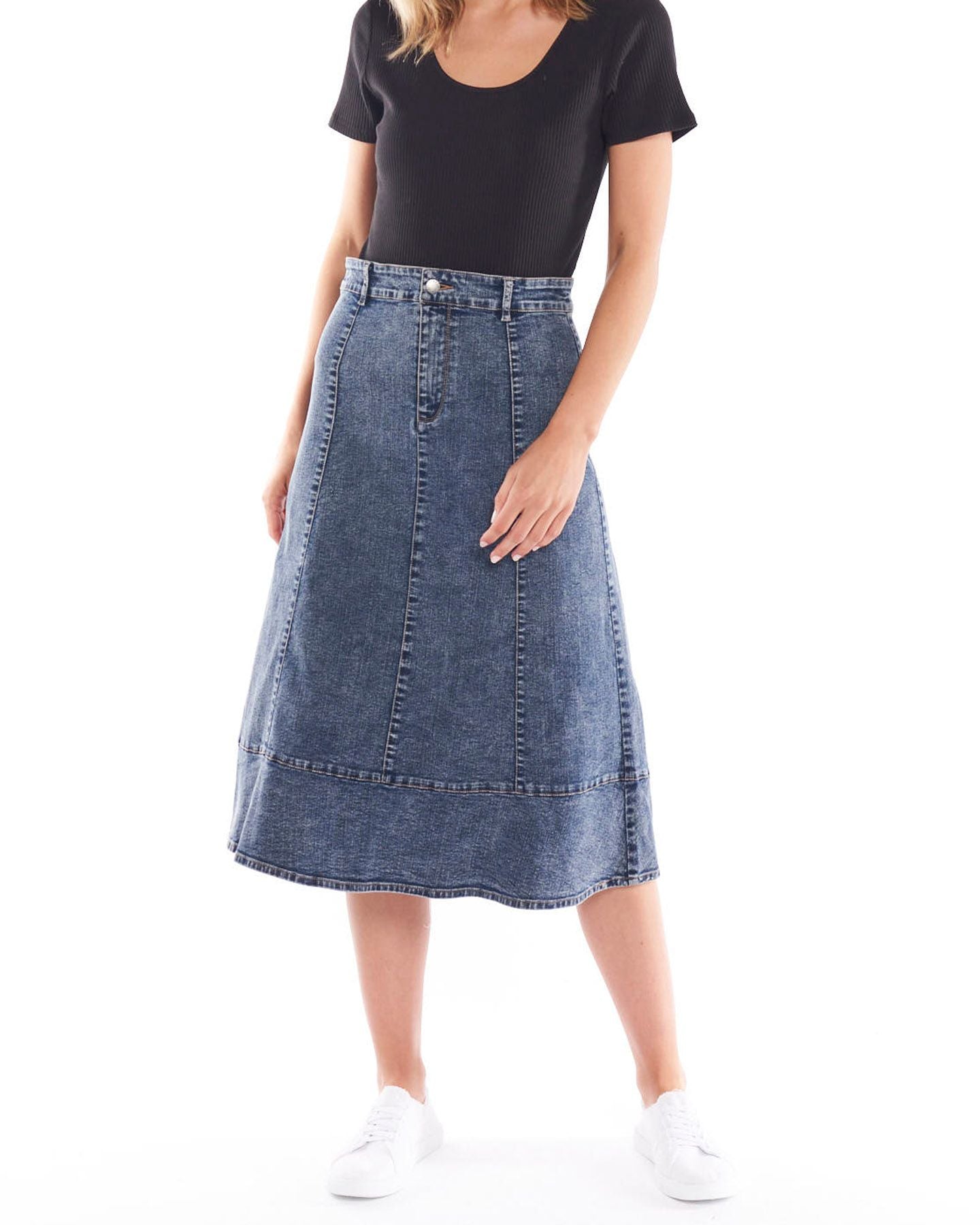 Sass clothing, Nova skirt, denim, double denim, thin waistband, belt loops, vertical panels, horizontal band around the bottom, smart casual, hot pick, must have, wardrobe staple, calf length, support small business, online, winter 2022, autumn 2022